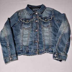 Grace In LA Long Sleeve Blue Denim Fading Jean Jacket Women's Sz Large